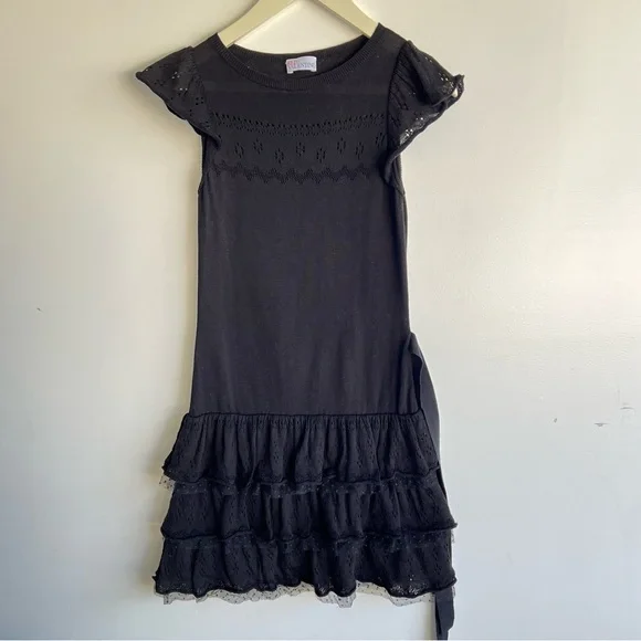Red Valentino Black Knit Ruffle Dress Tie Waist Eyelet Lace Tiered Mini Sz XS S - Picture 7 of 15